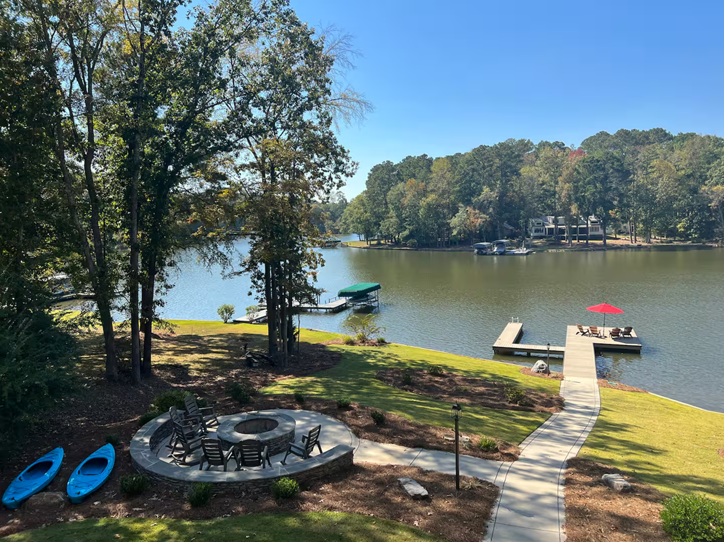 fire pit and dock by the lake