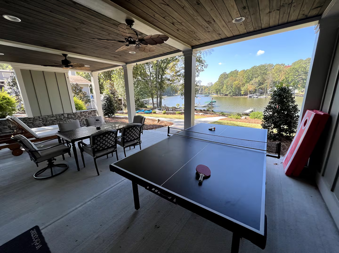 downstairs patio with ping pong table
